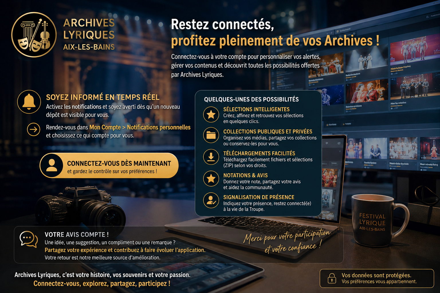 Communication présentant les notifications, sélections, collections, téléchargements, notations, présences et commentaires proposés par la galerie.